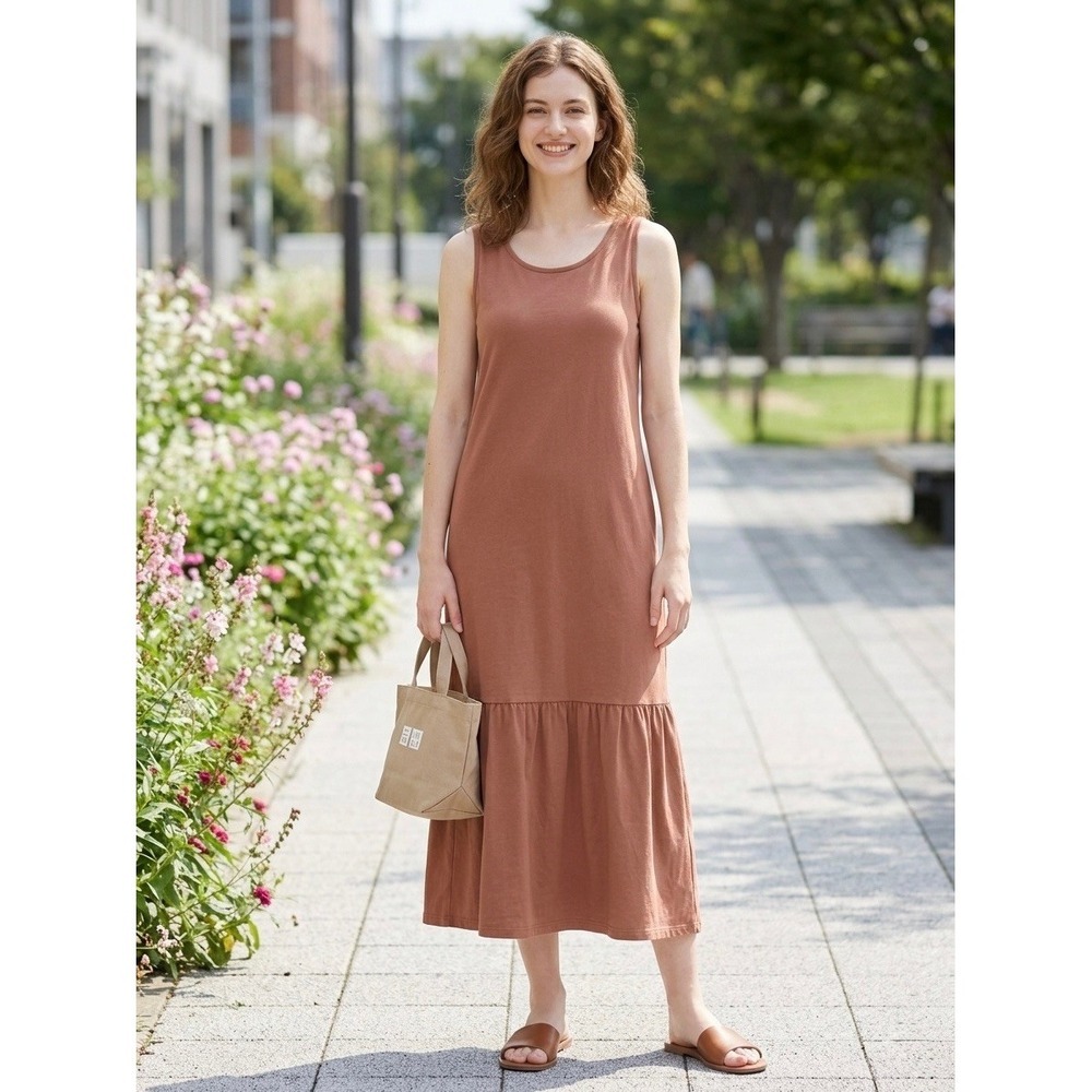 Uniqlo Bra Dress Womens XS Terracotta Brown Sleeveless Tiered Midi 291-406524
